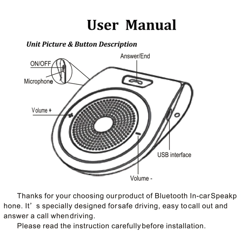Car Bluetooth Kit Handsfree Speaker Phone Support Bluetooth V4.1 EDR Wireless Mini Visor Can Hands Free Calls Noise Cancelling