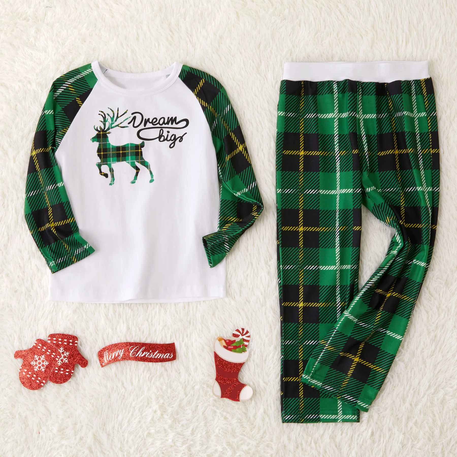 PatPat; сезон осень-зима; Новинка; повседневные праздничные Семейные зеленые рождественские пижамы с оленем и клетчатые брюки; костюмы для взрослых и детей