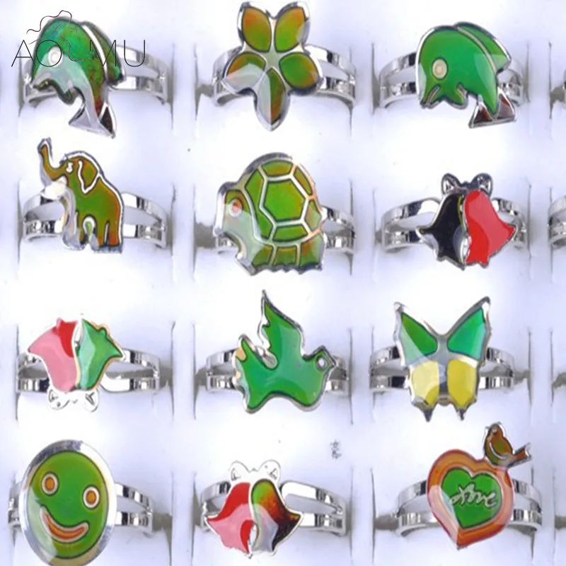 

AOMU 10pcs/lot Mixed Moon Star Animal Shape Magic Color Change Mood Ring Emotion Feeling For Children Girl Party Gift