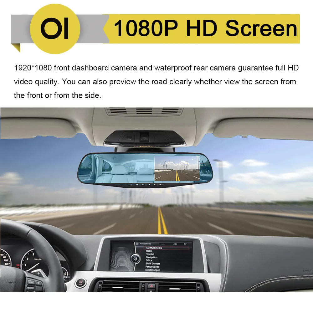 Автомобильный видеорегистратор 4 3 дюйма Full HD 1080P два объектива зеркало
