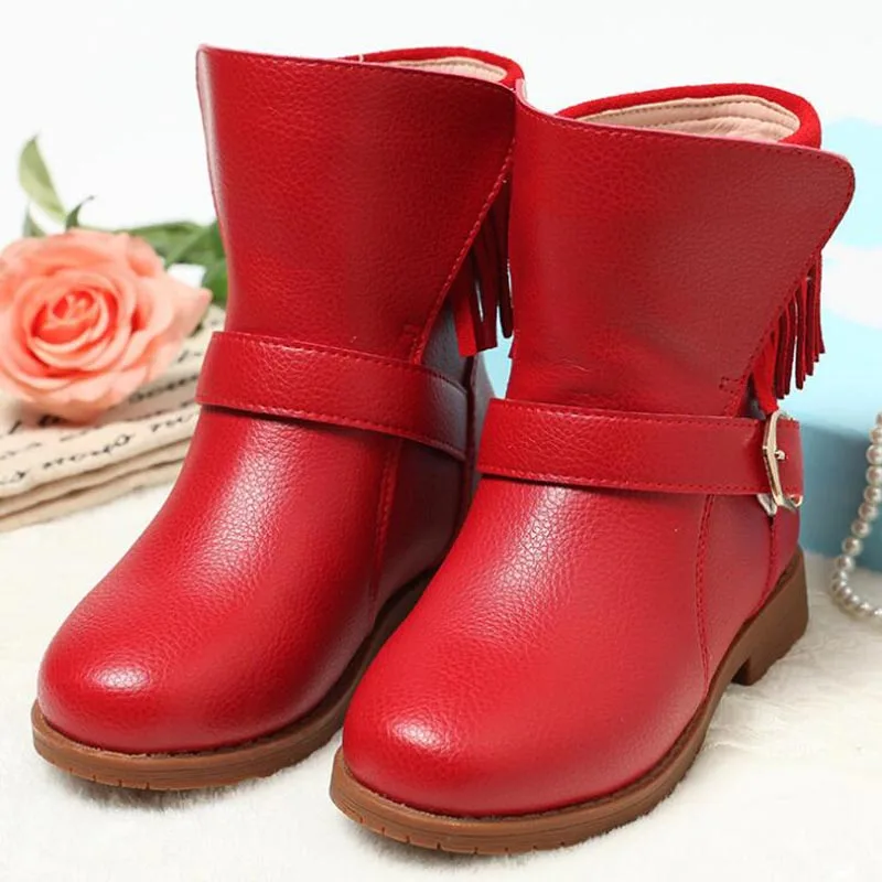 Ботинки для девочек; коллекция года; детская обувь; сезон осень-зима; Высококачественная обувь из натуральной кожи; cjildren; ботинки для принцессы с модной бахромой - Цвет: Красный