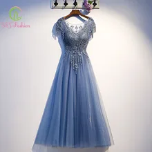 SSYFashion, длинное голубое кружевное платье в пол с круглым вырезом, на шнуровке, с короткими рукавами, для вечеринки, официальное платье, Robe De Soiree