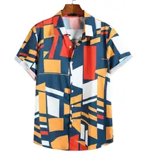 3XL мужские летние рубашки с геометрическим принтом, мужская мода, отложной воротник, короткий рукав, контрастные цвета, свободные топы, одежда