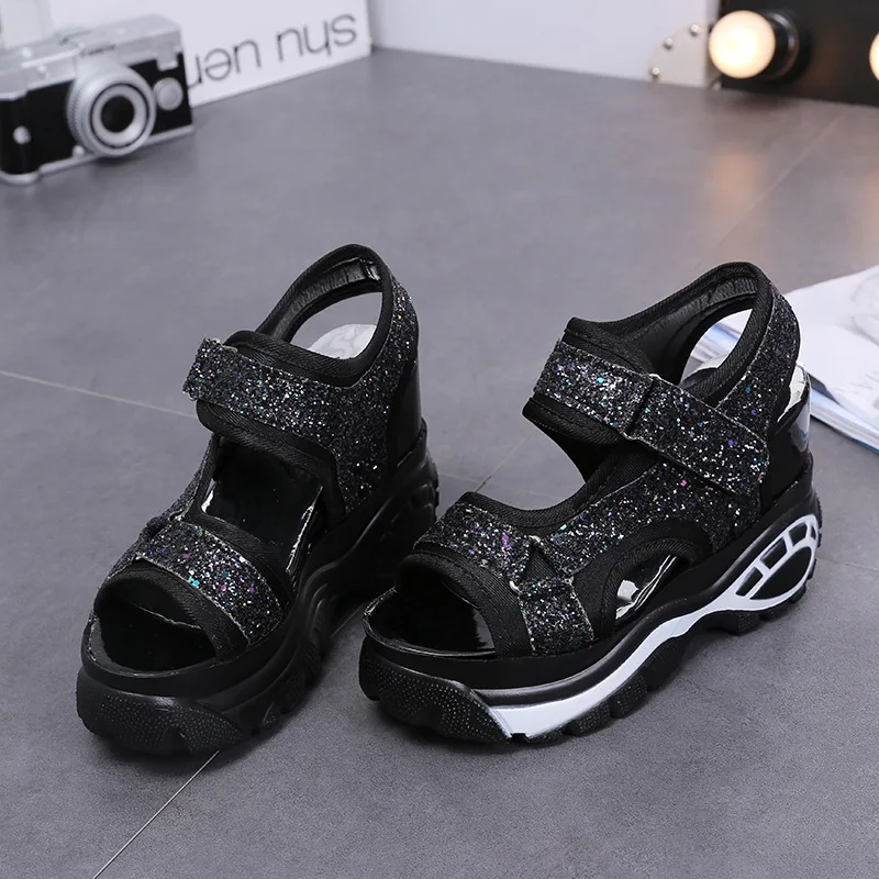2018 black Silver Zapatillas Verano Talones Zapatos Mujeres Bling Plataforma Ascensor Sandalias Mujer Slides Cuñas Ultra Altos Sandalia rtarZX