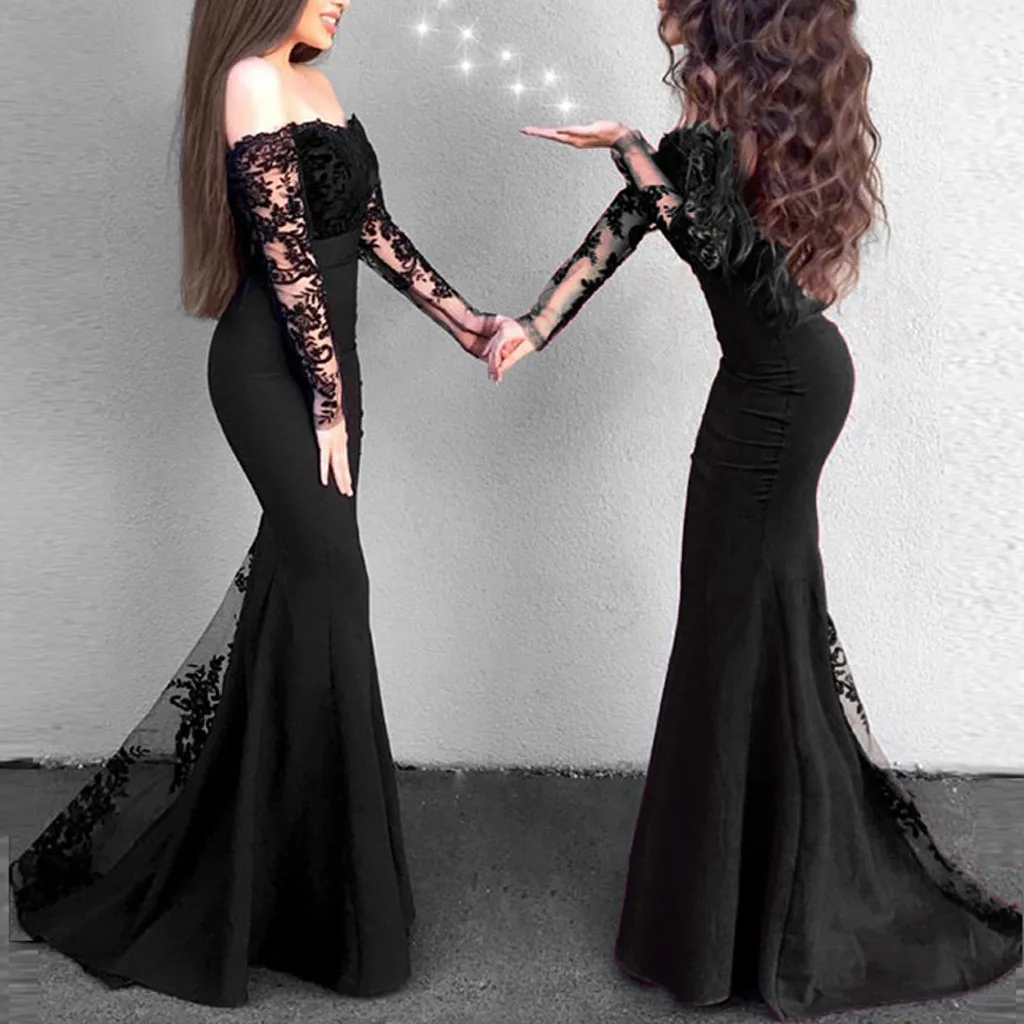 

KANCOOLD Dress Womens Sexy Solid Lace Stitching Swing Dress Trumpet Fishtail Party Empire Slash neck Dress women 2018DEC13