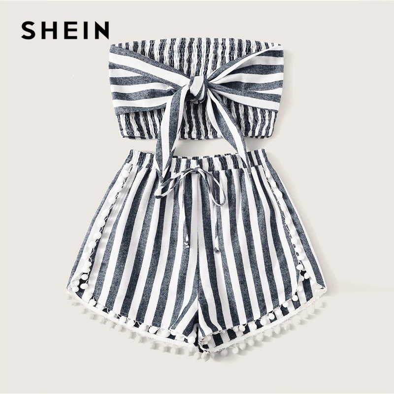 SHEIN التعادل الجبهة Shirred العصابة أعلى و بوم تقليم مجموعة تي شيرتات قصيرة للأطفال 2019 بوهو أكمام الأزرق قبالة الكتف مخطط الصيف اثنين من قطعة مجمو...