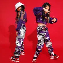 Платье с пайетками, детская одежда в стиле хип-хоп танец Костюмы для рубашки с коротким рукавом для девочек и мальчиков топы и брюки для девочек брюки камуфляжной расцветки в стиле джаз Бальные Танцы костюмы