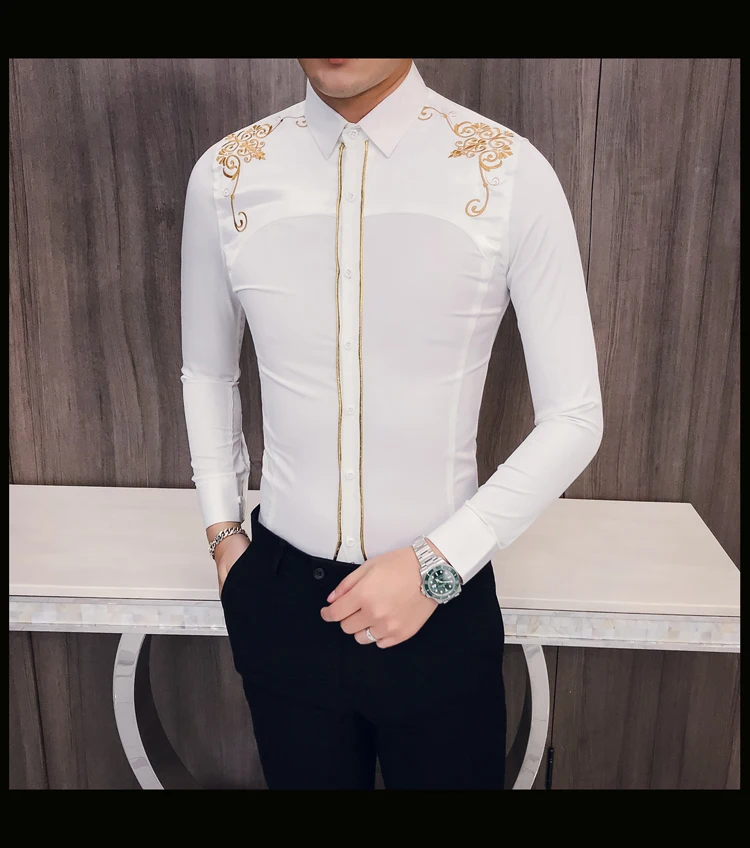 Корейская роскошная мужская рубашка Kemeja Pria Весенняя вышитая тонкая рубашка с длинными рукавами Мужская рубашка для выпускного вечера для