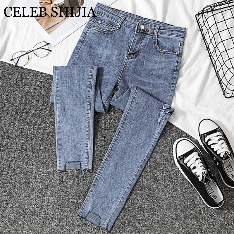 

2019 Jeans Female Denim Pants light blue korean fashion elastic pencil pants for woman Donna high waist trousers ladies