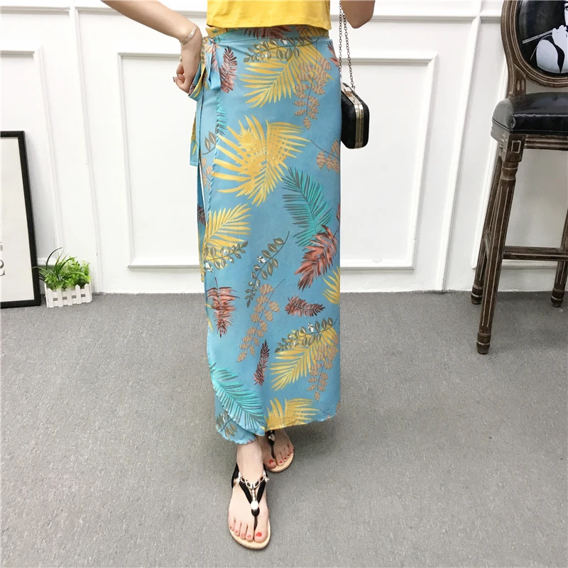 Boho печати летние выходные пляж юбки для женщин для 2019 повседневное Высокая талия длинный тонкий обёрточная бумага юбка с цветочным Принто