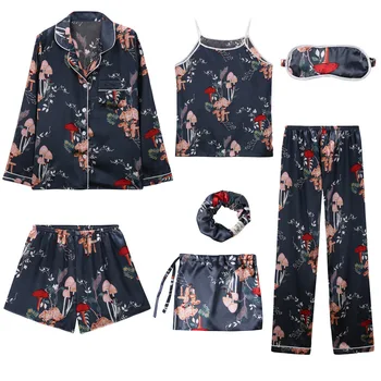 

7 Pieces Pajamas For WoMen Satin Silk Sexy Pajamas Set Home Clothes Female Sleepwear Long Sleeve And Pants Home Service Pijamas