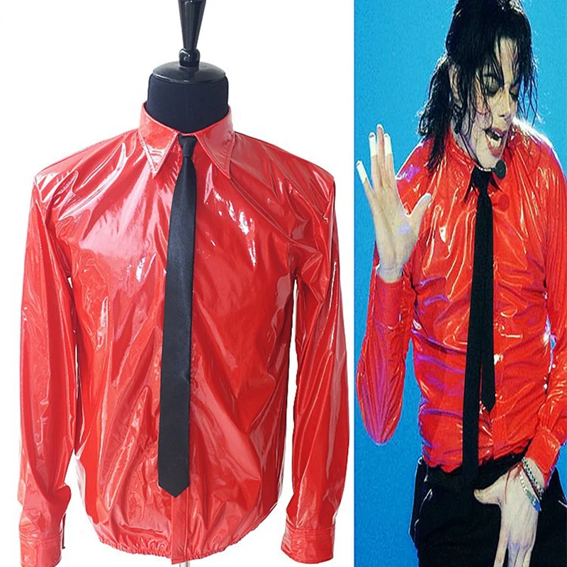 

MJ In Memory of Michael Jackson Red Thin Shirt PU Leather Dangerous Jam Magic Tape VEL-CRO Shirt Tie For Dancer Quikly Change