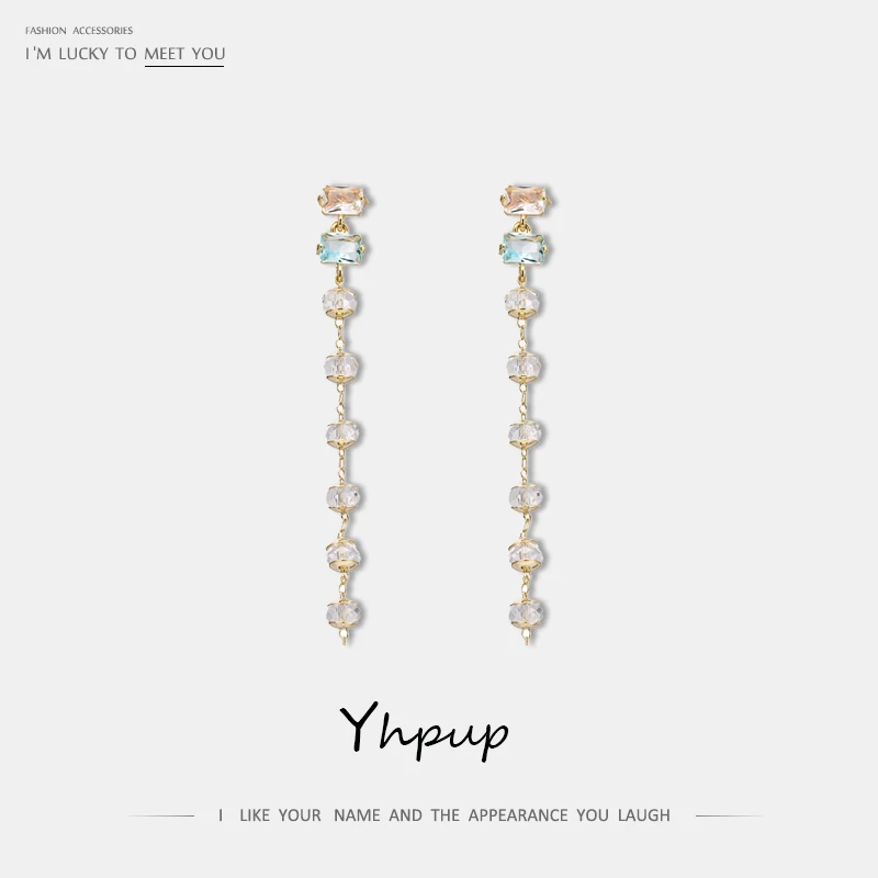 

Yhpup Fashion Korean AAA Cubic Zirconia Long Chain Dangle Earrings Rhinestone Temperament Earrings for Bride Wedding Party Gift