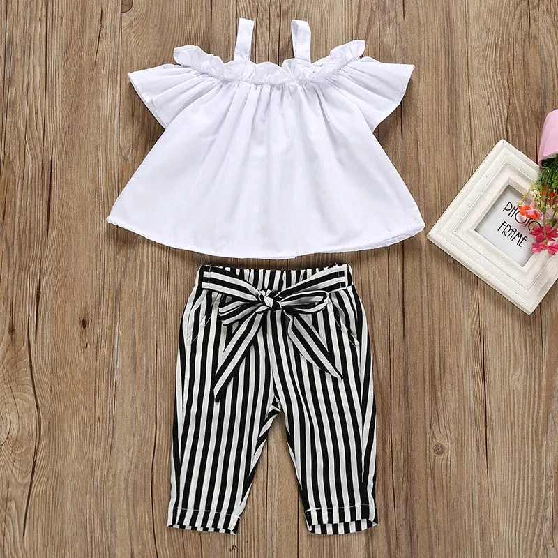 

Summer Baby Girls Clothes Fashion Sleeveless Strap Off-shoulder T-shirt Tops+Striped Pattern Pants Suits Casual Outfits Sets
