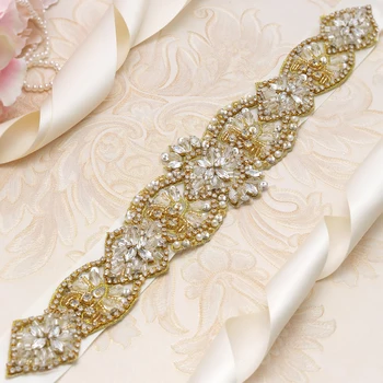 

MissRDress Elegant Pearls Bridal Belt Gold Crystal Wedding Belt Rhinestone Beads Wedding Sash For Women Formal Dress JK827