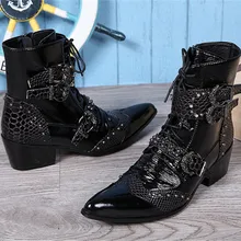 В стиле панк из натуральной кожи Для Мужчин полусапожки «Martin» острый носок на шнуровке Для мужчин s военные ковбойские ботинки высокая верхние пряжки сапоги для мужчин