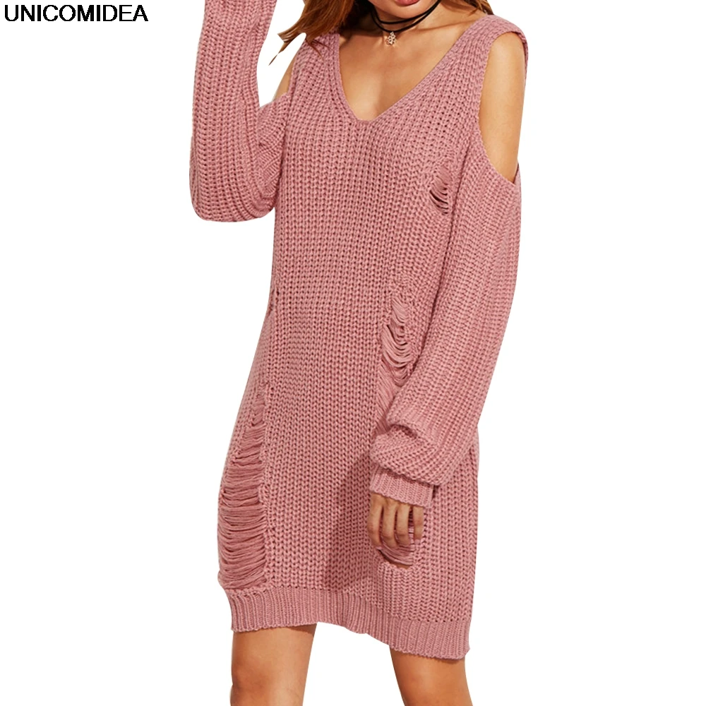 

Women Long Sleeve Autumn Winter Sweater Dress Robe Sexy Holes Off Shoulder V Neck Knitted Dress Ladies Pullover Mini Short Dress