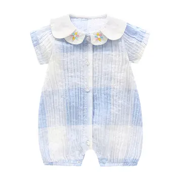 

Small Daisy Light Blue Cotton Short Sleeved Baby Bodysuits Kids Conjoined Suit Ruffled Collar Infant Girls Jumpsuit Coveralls