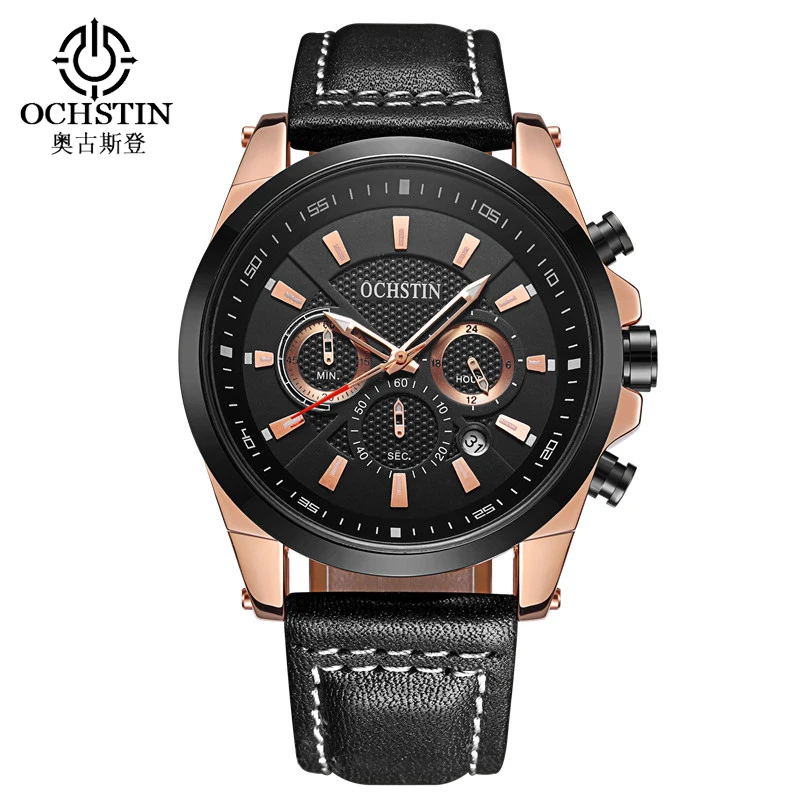 

OCHSTIN Sport Mens Watches Top Brand Luxury Male Clock Black Leather Waterproof Military Quartz Wrist Watch Men Reloj Hombre