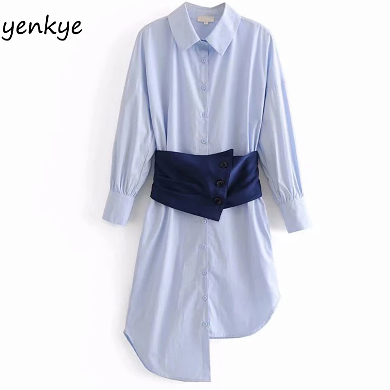

European Style Women Asymmetric Design Shirt Dress Lady Turn-down Collar Long Sleeve Cinched Waist Midi Dress DJF6259