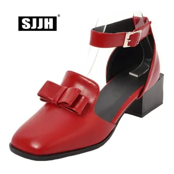 

SJJH Woman Bowtie Sandals with Chunky Heel and Square Toe Buckle Footwear Fashion Casual Elegant Shoes Large Size A282