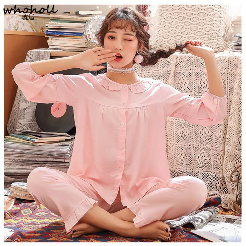 

WHOHOLL Large Size Ladies Pajamas Set Long Sleeved Loose Two Piece Shirts+pants Female Nightwear Women's Sleepwear Home Clothes