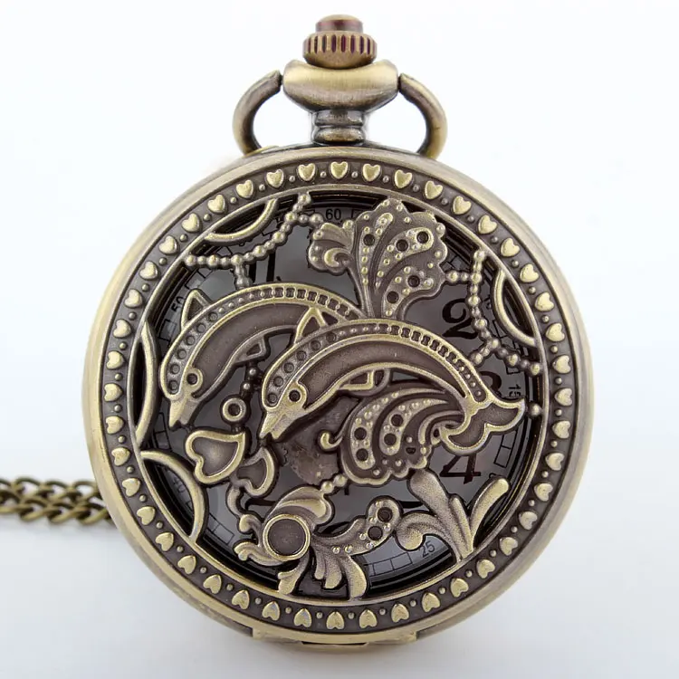 

Fashion Vintage Hollow Bronze Hollow Two Dolphins Dance Jump in the sea Spray Pocket Watch Necklace Pendant Watch Gift P217