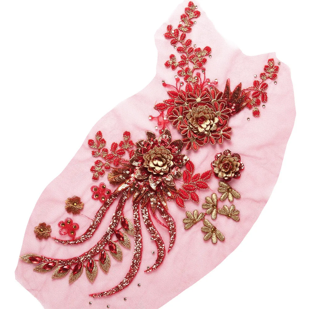 Большие блестки Пион Цветочные бисером кружева аппликация Rhineston костюм кружевной отделкой Вышитые свадебное платье Швейные кружевные мотивы золотой красный