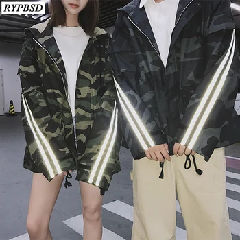 

New 2019 Autumn Reflective Men Jacket Striped Hooded Long Sleeve Fashion High Quality Hip Hop Zipper Camouflage Jacket Men