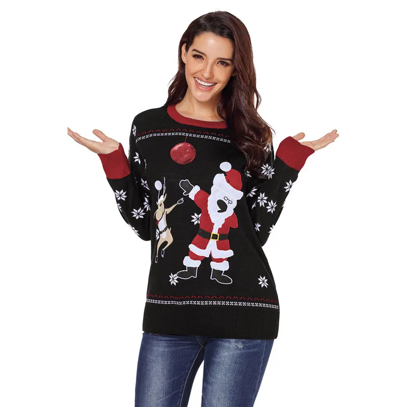 

Knitted Dancing Santa Reindeer Pattern Sequined Christmas Sweater for Women Cute Girls Mid Long Xmas Pullover Jumper Plus Size