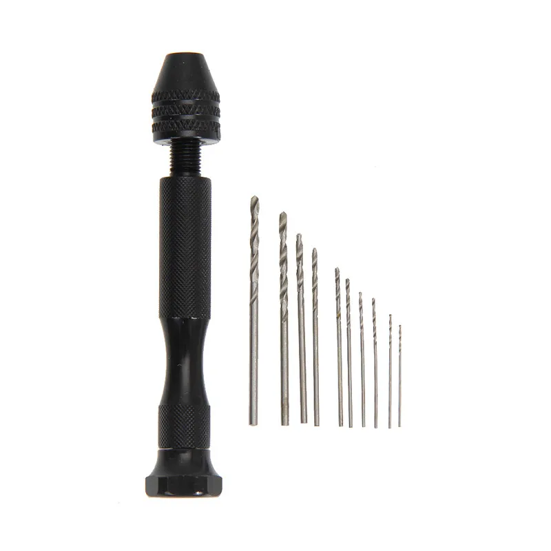 

Mini Micro Aluminum Hand Drill With Keyless Chuck +10x High Speed Steel Twist Drills Rotary Tools Wood Drilling