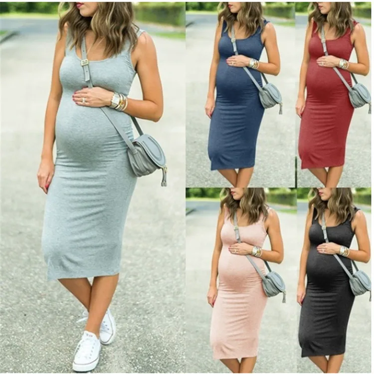

Spring women's maternity crewneck elastic waist dress