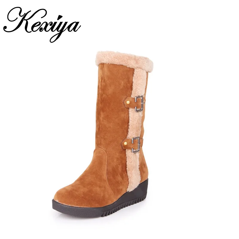 

2016 Big size 30-52 winter warm women shoes fashion Round Toe low heel Slip-On Mid-Calf boots Buckle decoration snow boots T-18