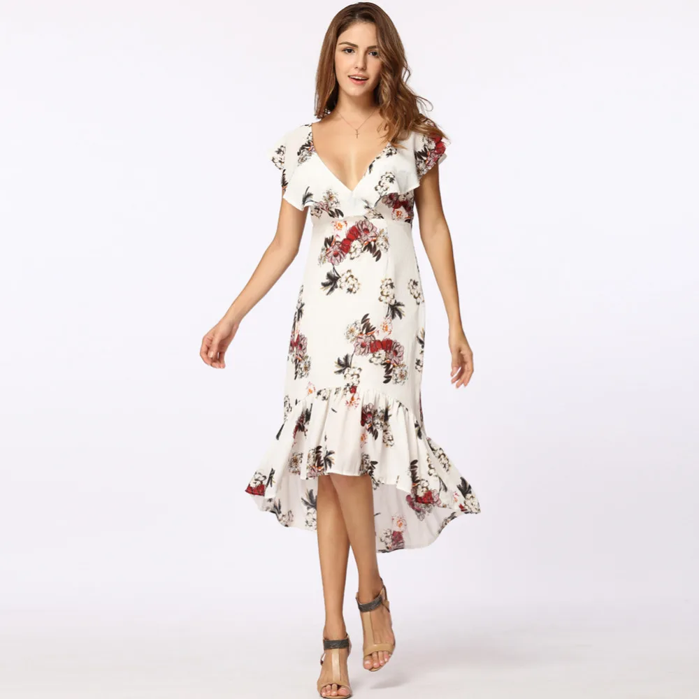 

Deep V Neck Floral Print Sexy Dress Vintage Irregular Sleeveless Beach Summer Dress 2019 Causal Women Ruffles Dress XL Vestidos