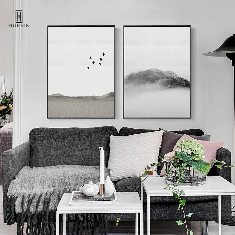 Modern Minimalism Murals Chinese Traditional Watering Paintings Typical Themes of Mountains Birds Canvas Posters For Home Decor