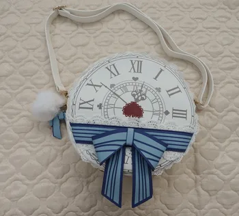

Japanese Soft Girl Cute Round Bag Female Alice Clock Print Cross Body Bag Lace Bow Preppy Lolita Women Shoulder Messenger Bag