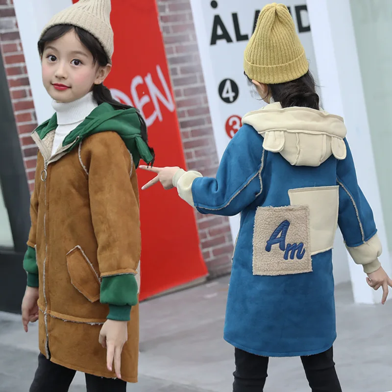 

Kids Girls Winter Coat Size 4 6 8 10 to 12 Long Sleeve Woolen Lining Blue Zipper Coat with Cap Children Winter Clothing 38R3A