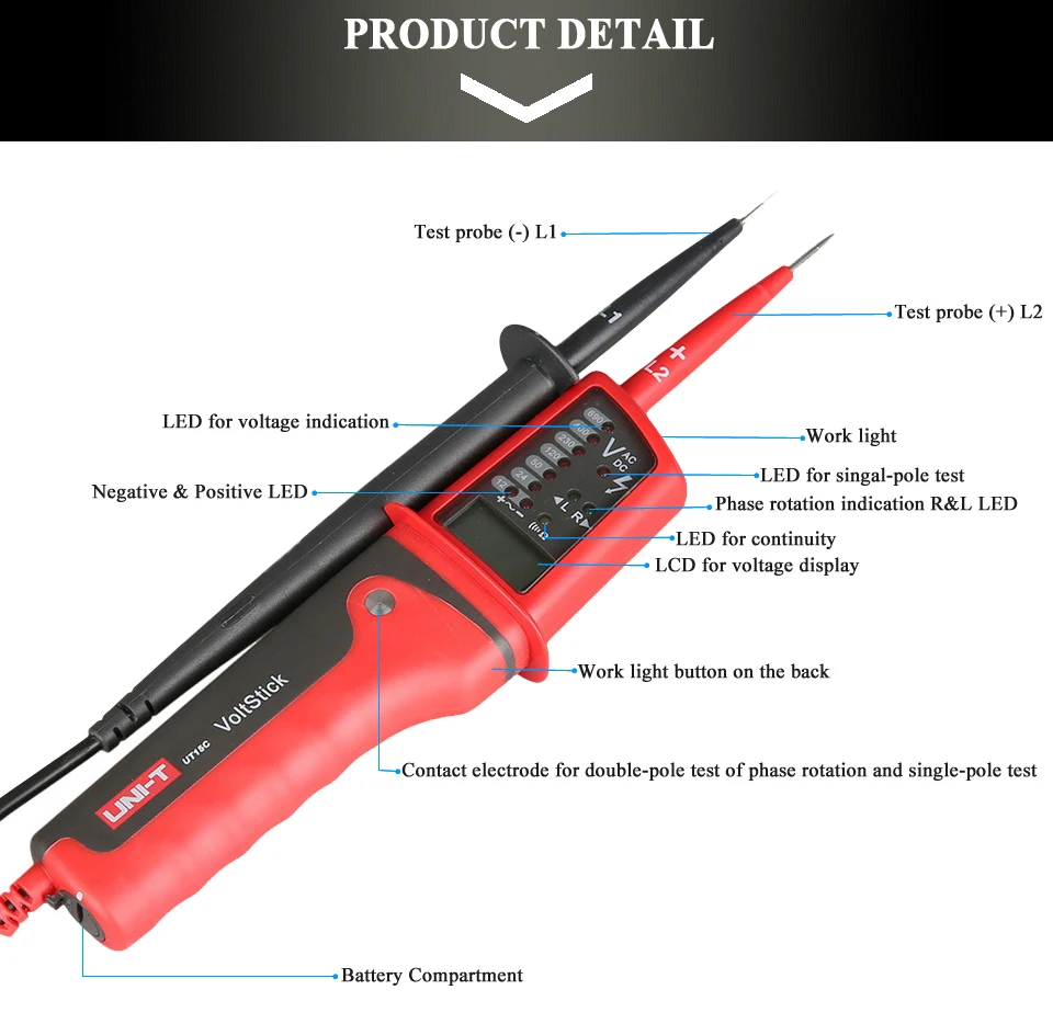 UNI-T UT15B/UT15C тестер напряжения; AC/DC тест напряжения, тест на фазу вращения/одиночный свинец(L2) Обнаружение напряжения Водонепроницаемый Тип