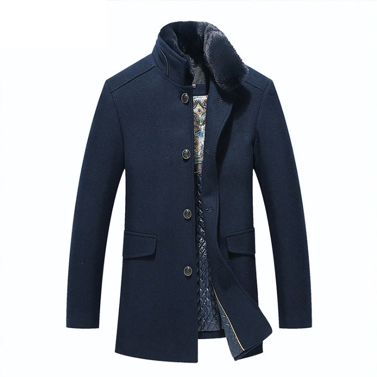Осенне-зимнее шерстяное и Смешанное пальто для мужчин с меховым воротником средней длины мужская куртка-ветровка в британском стиле шерстяное пальто для мужчин, Прямая поставка - Цвет: Синий