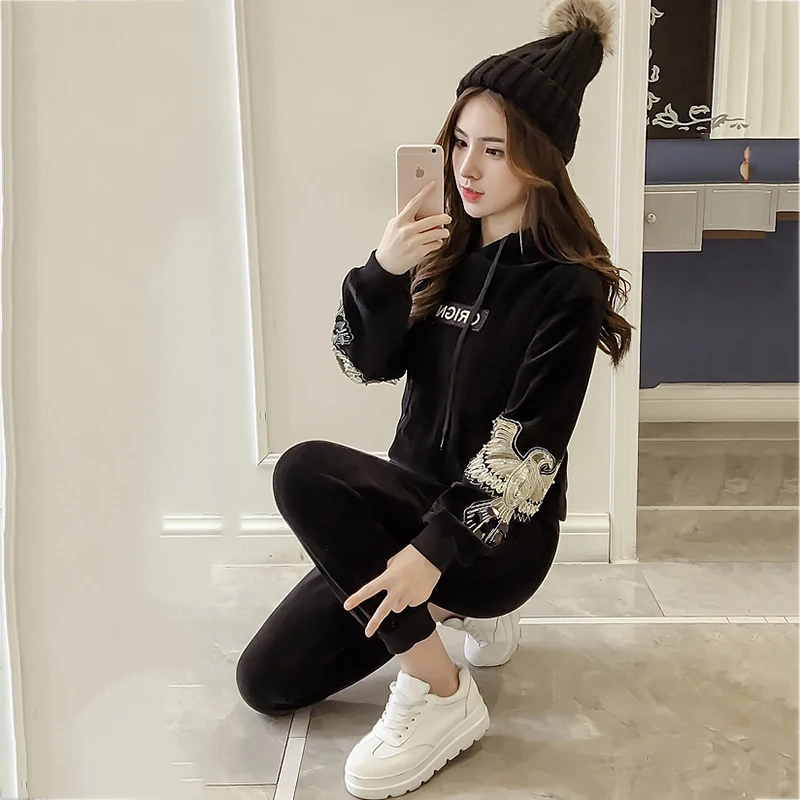Inverno Dd994 Oro Di Casual Velluto Modo Cappuccio Black Femminile Pezzi Set Del Con Pantaloni Ricamo Autunno Felpe Due Più AL54jR