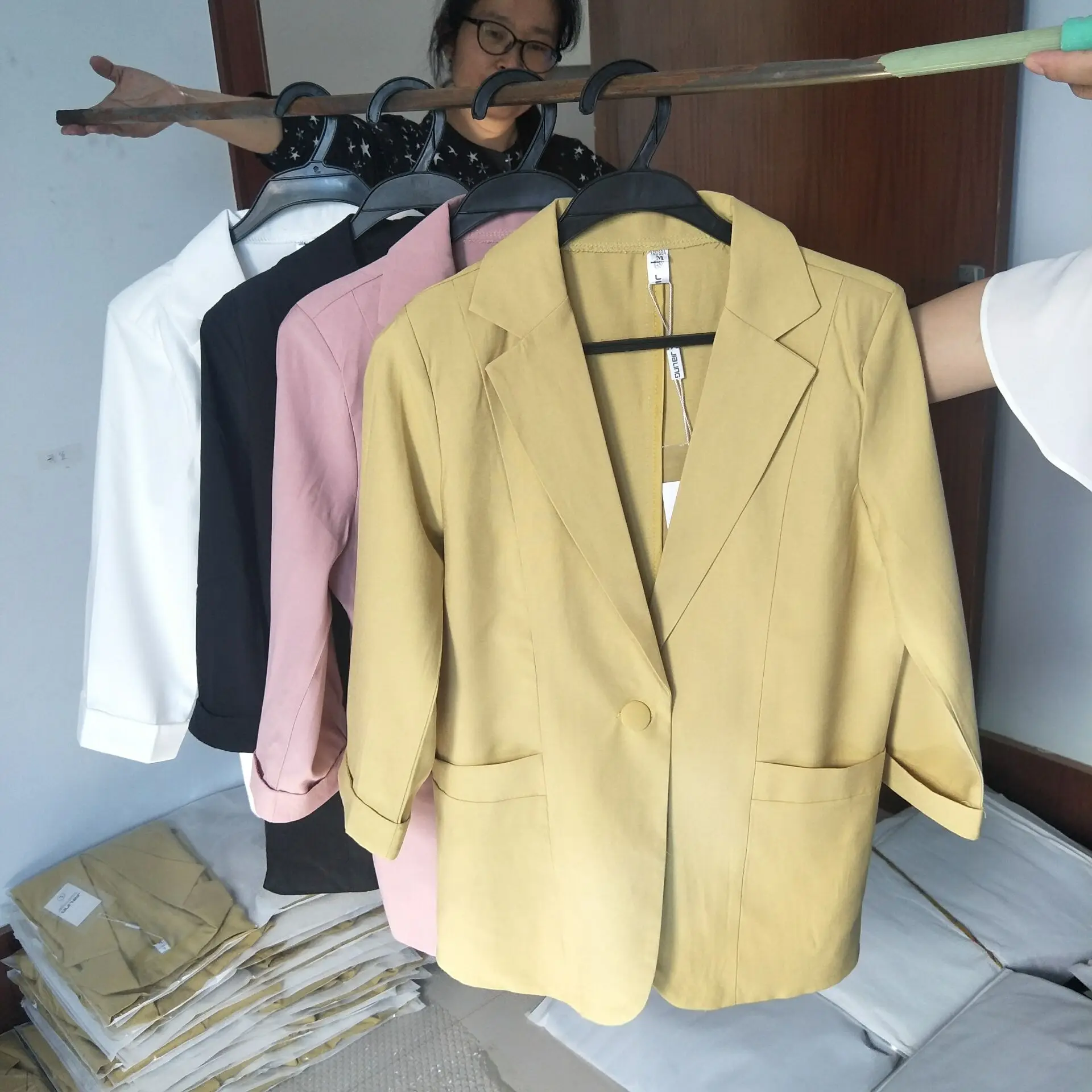 2019 summer 7-point sleeve linen women blazers and jackets small suit casual slim cotton white/pink/yellow/black small suit coat