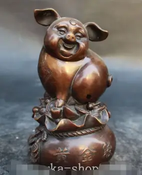

6" Chinese Fengshui Bronze Wealth Yuanbao Money Bag Animal Pig Hog Statue