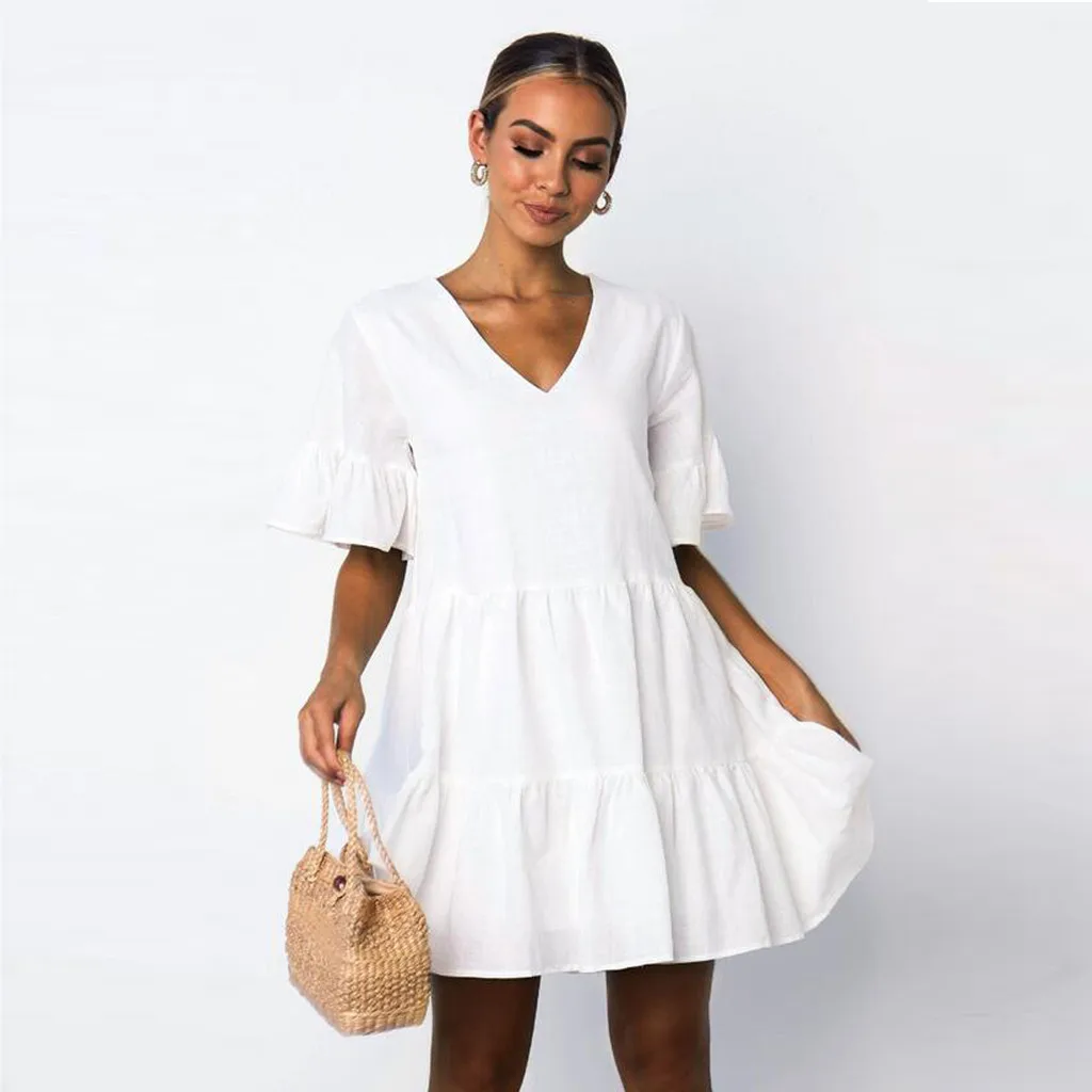 

Feitong Womens Sexy V-Neck Solid White Dress Ladies Casual Short Sleeve Evening Party Mini Dress Vestido Vestidos Verano 2019
