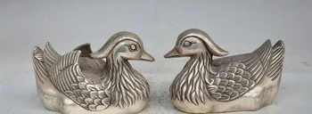 

6"Chinese fengshui silver Love Bird Mandarin Duck bird Couples lucky Statue Pair