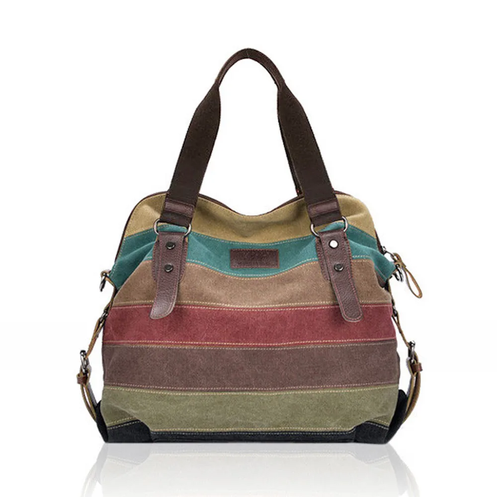 

Hot Sale Designer Handbags High Quality 2018 Fashion Brand Women Canvas Striped Shoulder Bag Vintage Contrast Color Tote Handbag