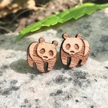 Милые серьги-гвоздики в форме животных с гравировкой панды, деревянные серьги в виде гигантской панды, серьги в виде животных ручной работы, 10 пар