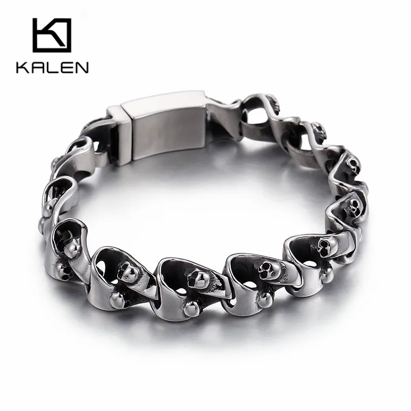 

Kalen 316L Stainless Steel Skull Head Charm Bracelets For Men Matte Brushed Link Hand Chain Bracelet Bangle Halloween Jewelry