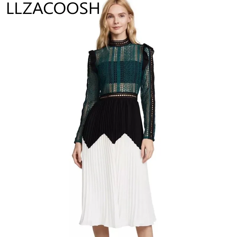 

Self Portrait Dress 2019 New arrival Elegant Women Long Sleeve Pleated Lace Dress Green White Patchwork Runway Dress