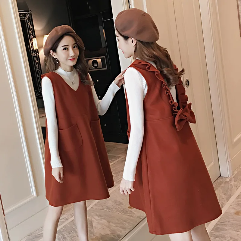 

maternity clothings autumn winter long sleeves small height callor tops bowknot suspender skirt fashion maternity set clothes