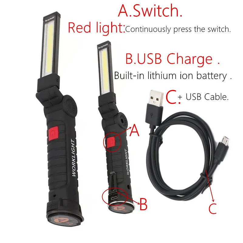 USB зарядка Многофункциональный COB светодиодный фонарик освещение для обслуживания автомобиля Рабочая лампа+ Встроенный литий-ионный аккумулятор+ USB кабель